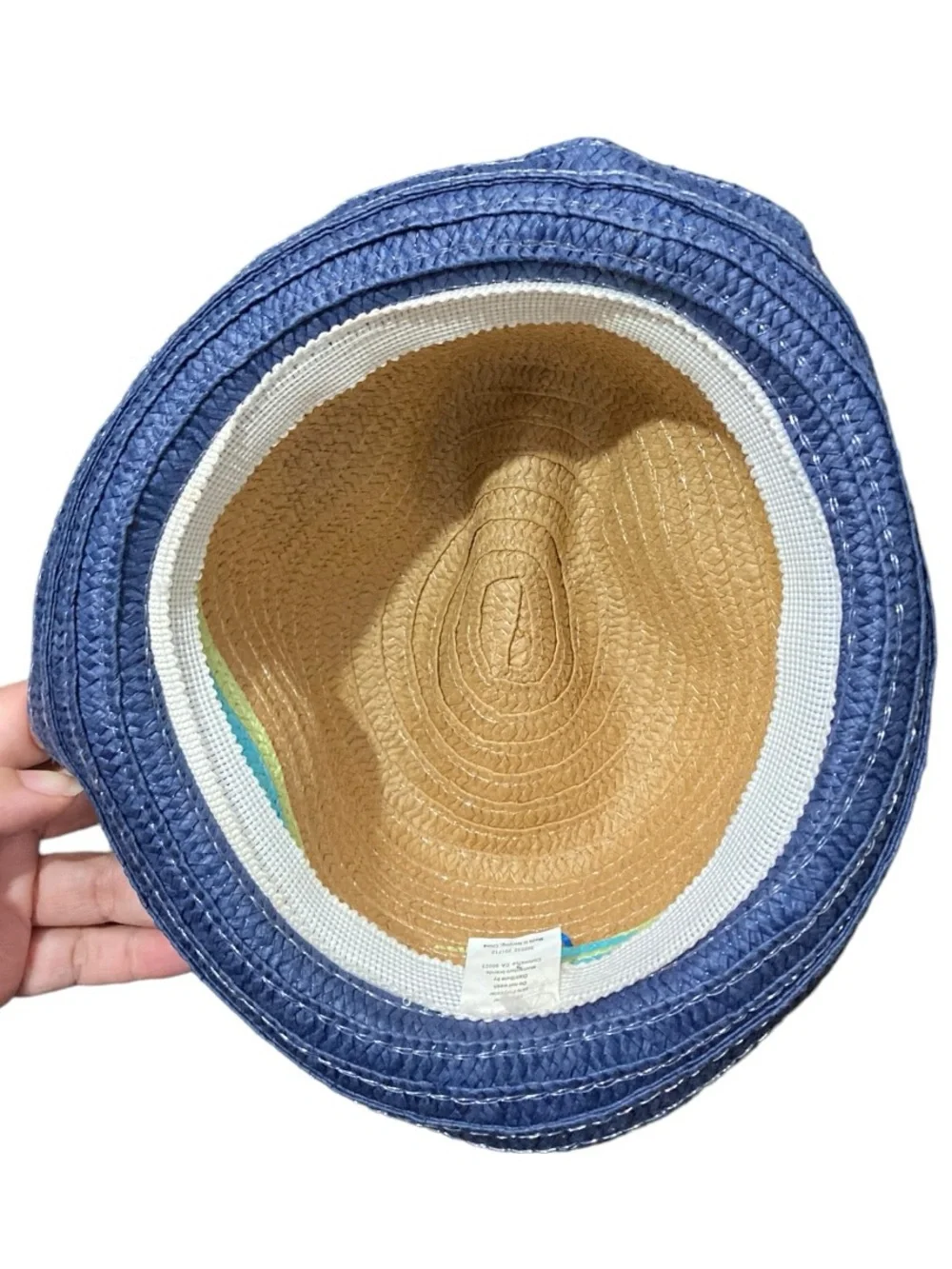 Kids Boy’s Children’s Place Woven Natural Striped Blue Rim Fedora Hat- NWOT